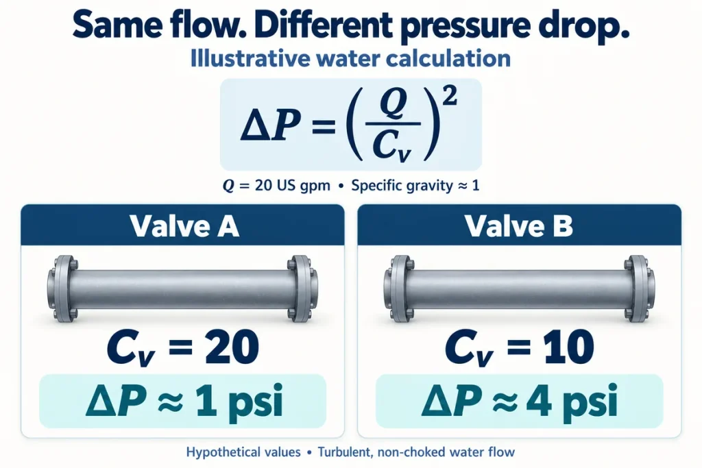 valve cv pressure drop water example